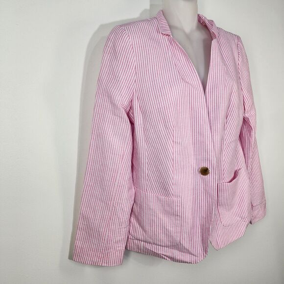 Talbots Woman Aberdeen Blazer Jacket Size 6 Linen Blend Pink Stripes Pockets - Picture 5 of 12